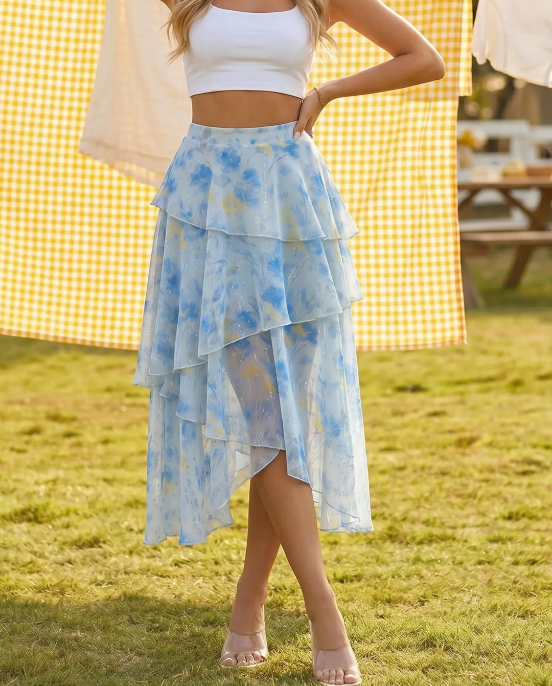 SOLACE  Light Blue Floral Print Tiered Ruffle Midi Skirt 