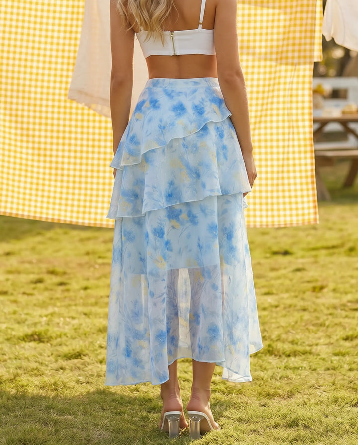 SOLACE  Light Blue Floral Print Tiered Ruffle Midi Skirt 
