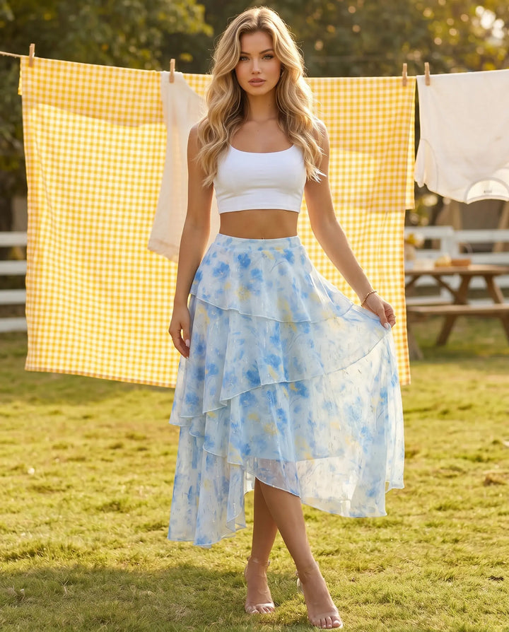 SOLACE  Light Blue Floral Print Tiered Ruffle Midi Skirt 