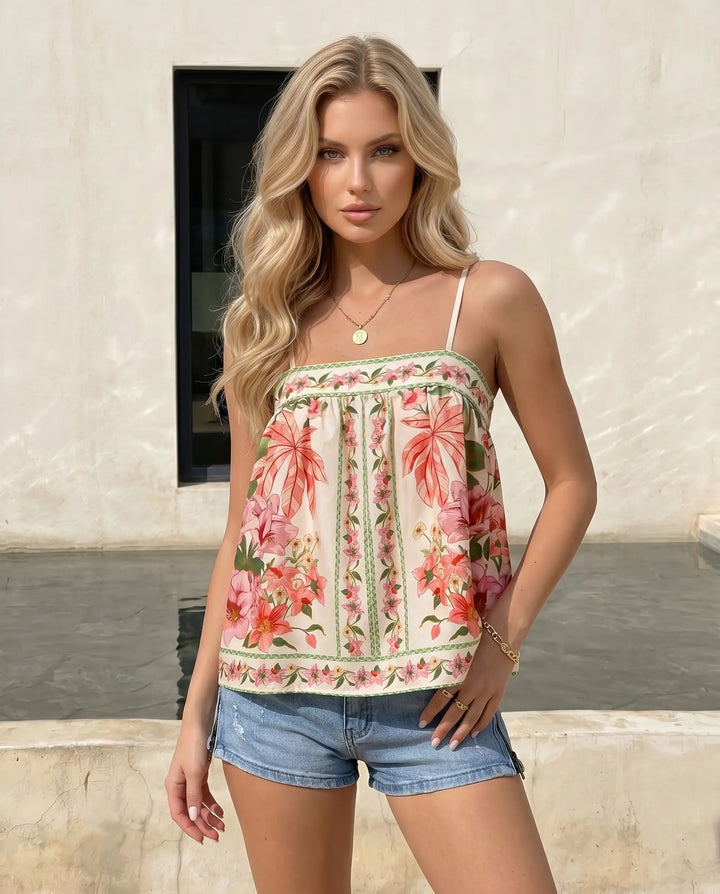 SOLACE  Cream Pink Floral Print Spaghetti Strap Camisole Top 