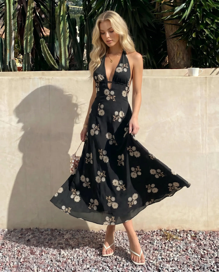 SOLACE  Black Halter Neck Floral Embroidered Midi Dress 