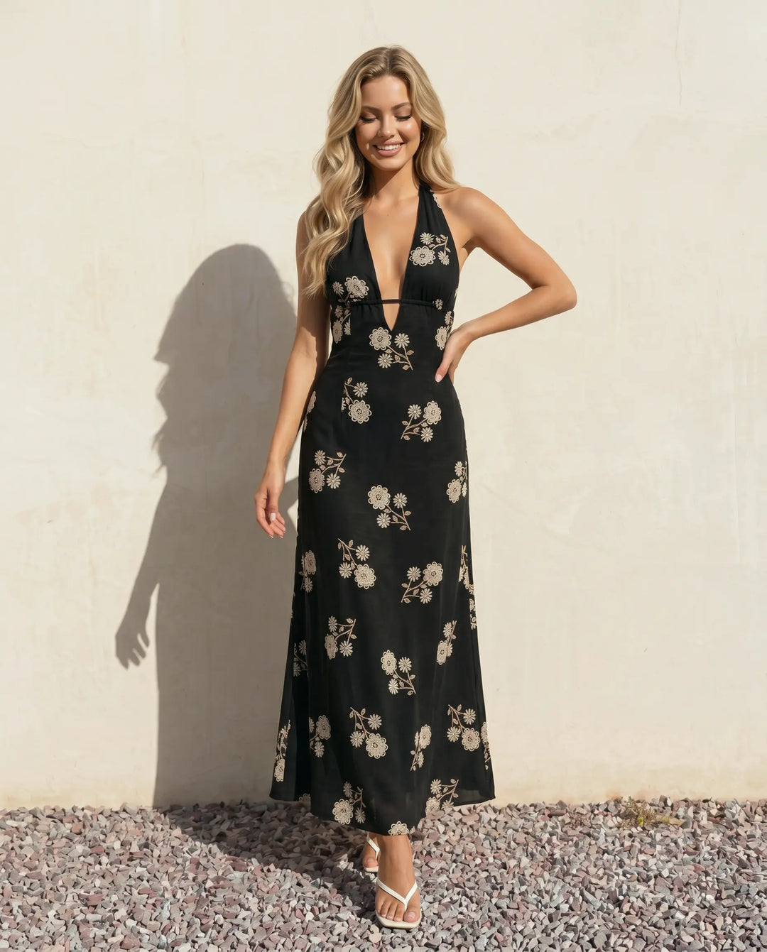 SOLACE  Black Halter Neck Floral Embroidered Midi Dress 