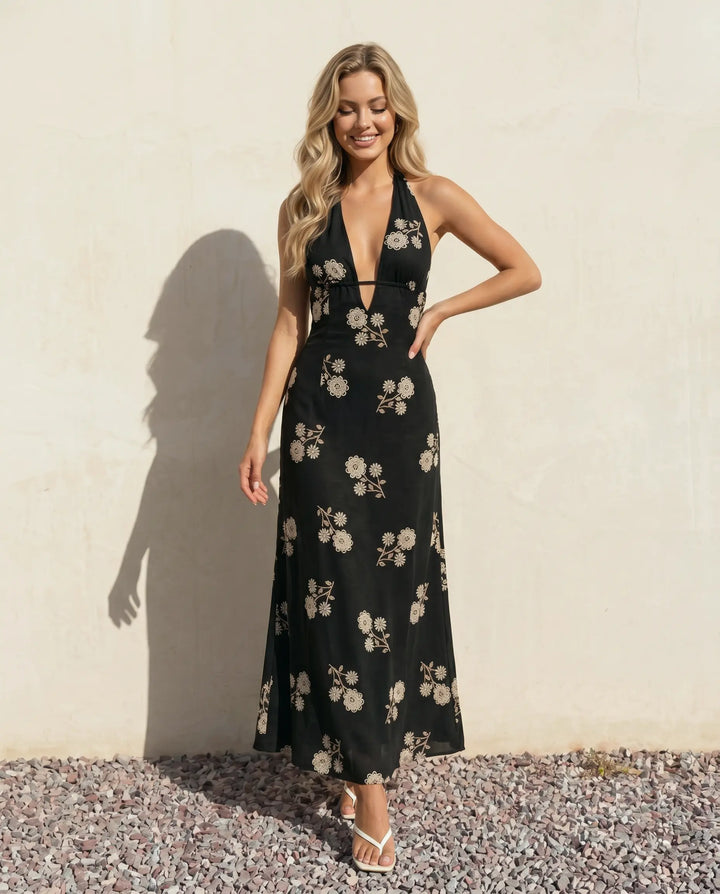 SOLACE  Black Halter Neck Floral Embroidered Midi Dress 
