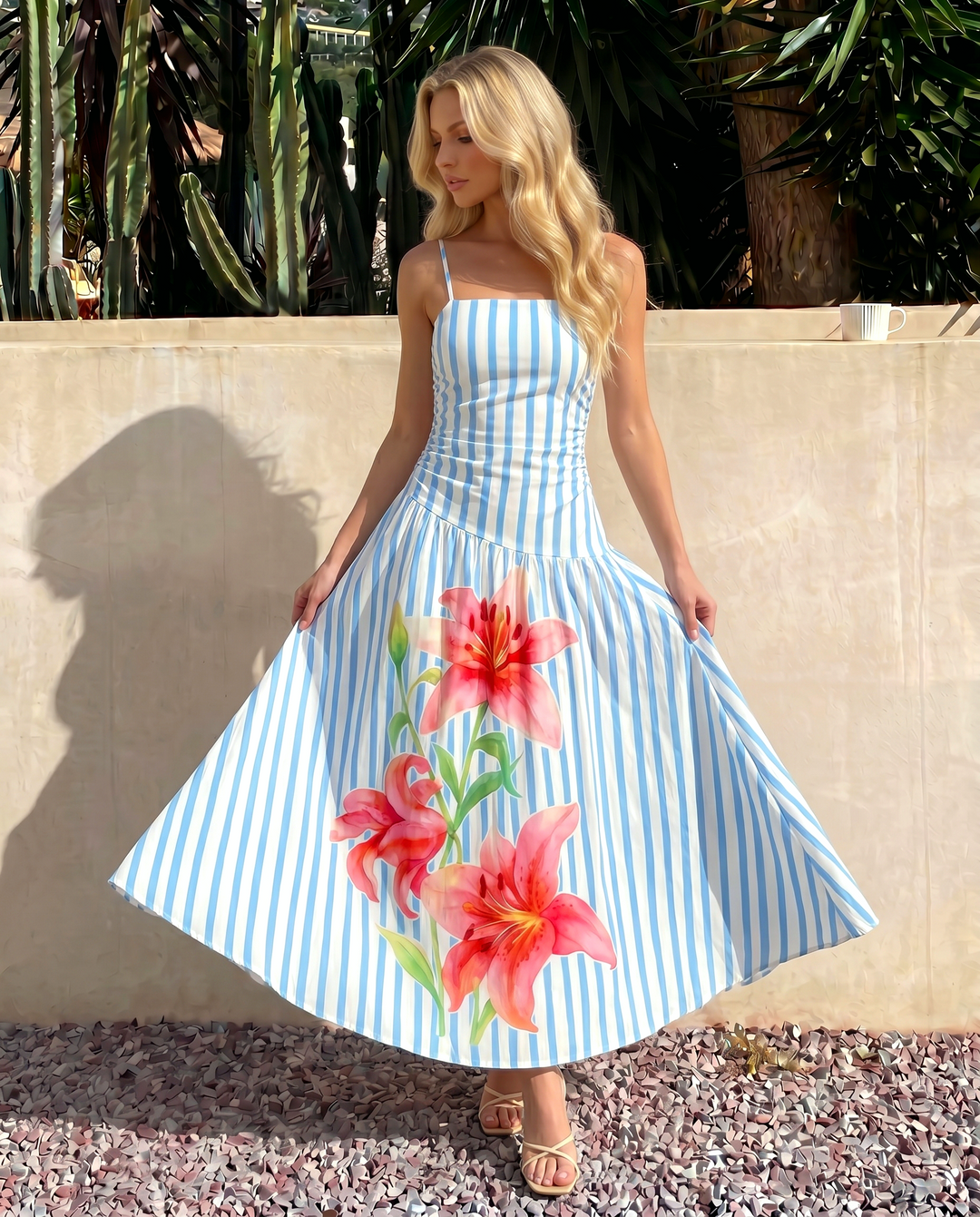 SOLACE  Blue Striped Lily Print Cami Maxi Dress 