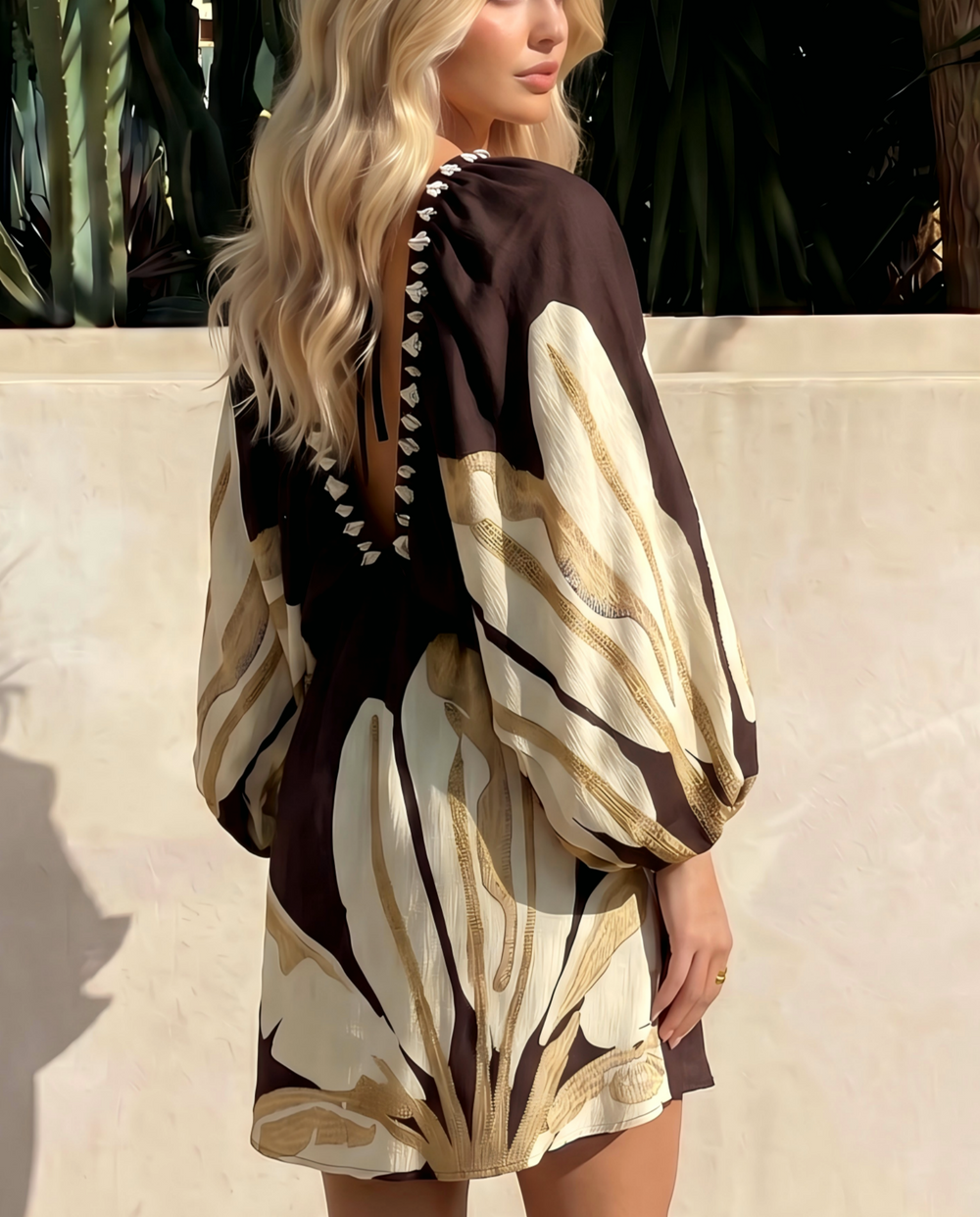 SOLACE  Brown Banana Leaf Print Puff Sleeve Mini Dress 