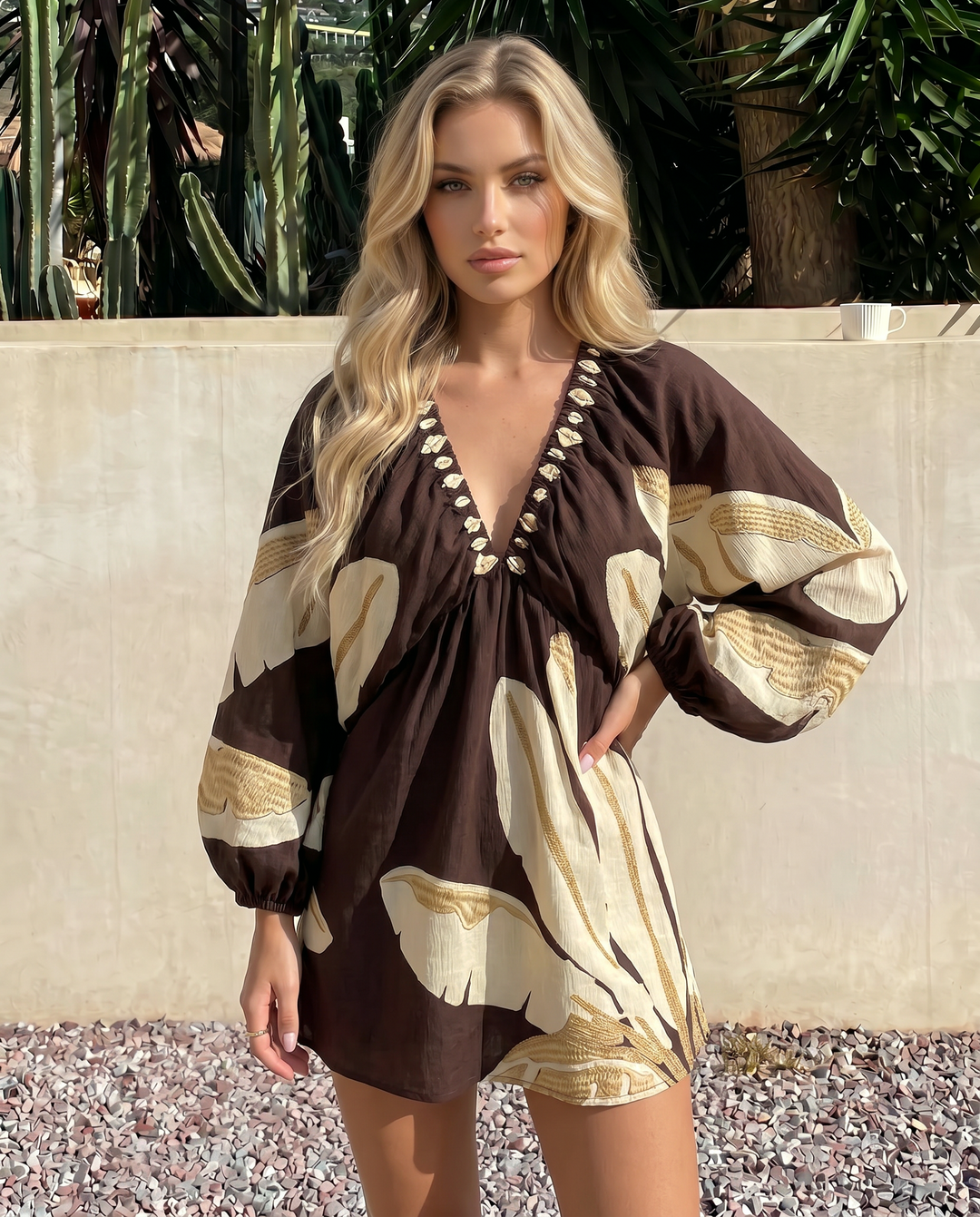 SOLACE  Brown Banana Leaf Print Puff Sleeve Mini Dress 