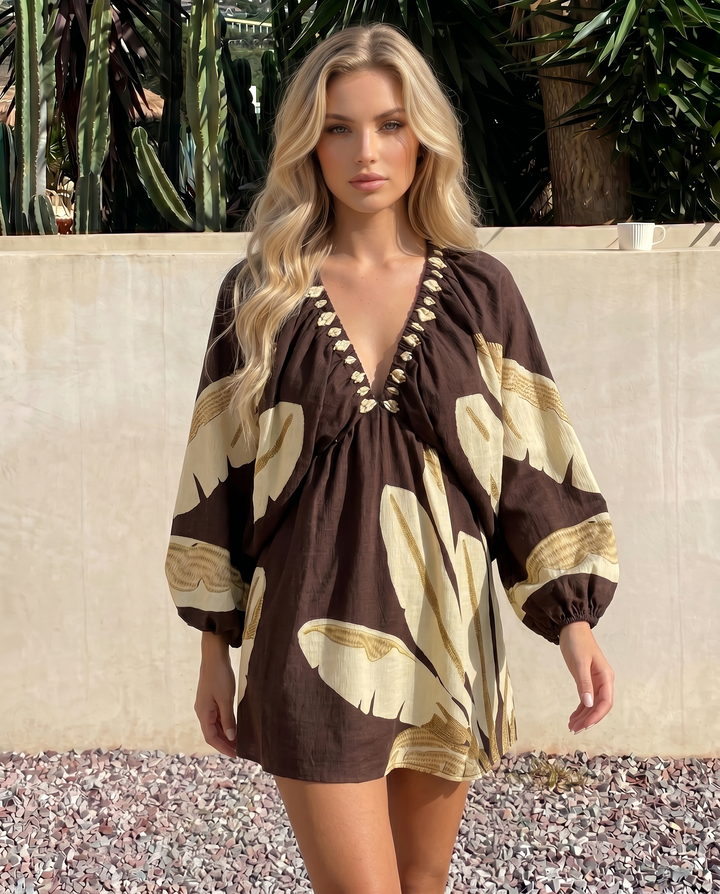SOLACE  Brown Banana Leaf Print Puff Sleeve Mini Dress 