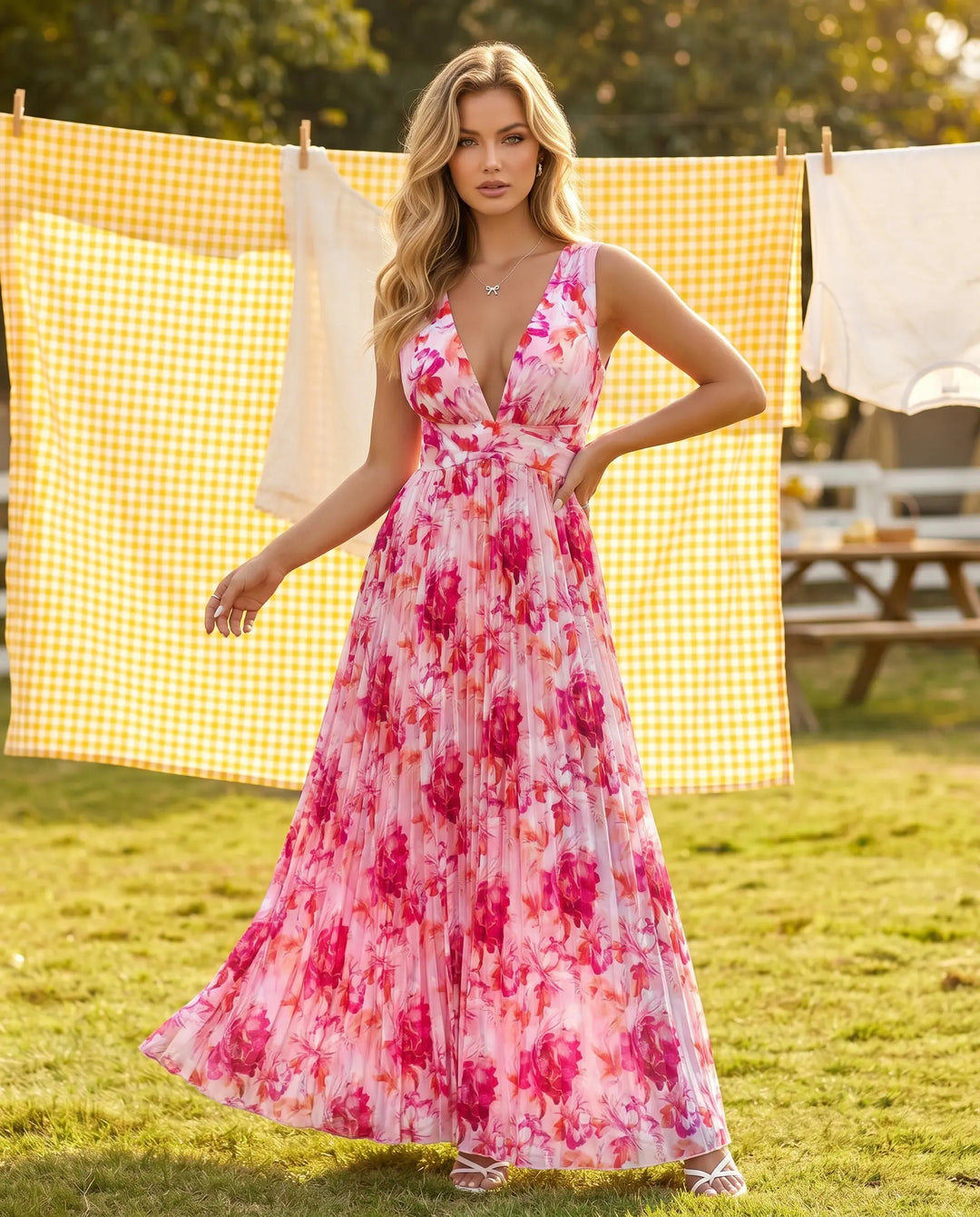 SOLACE  Pink Floral Print Pleated Sleeveless Maxi Dress 