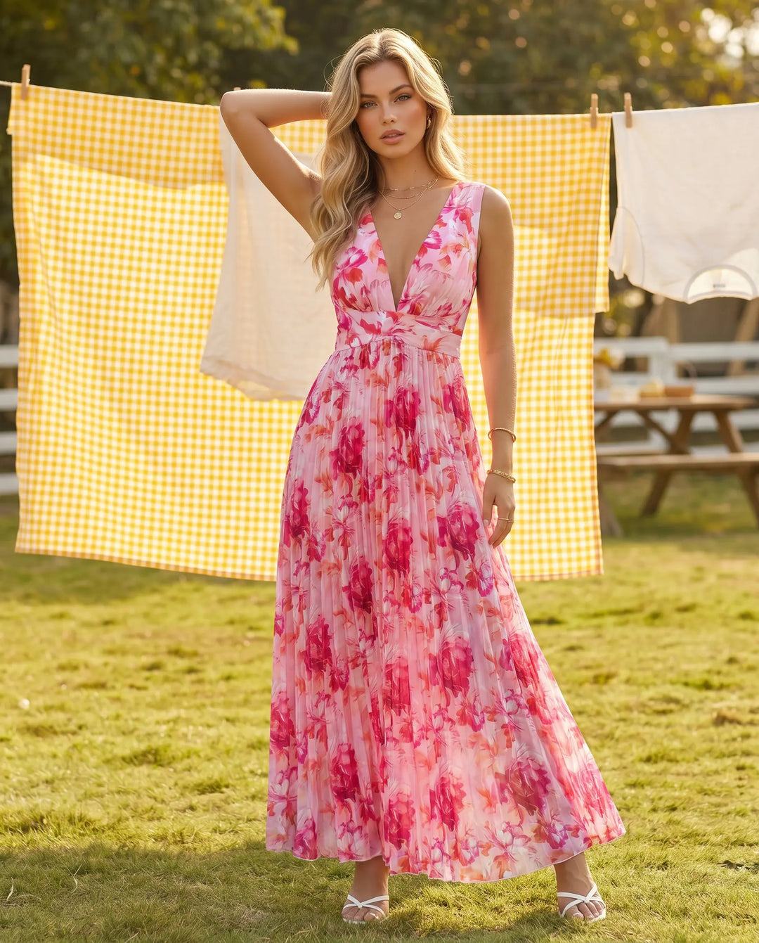 SOLACE  Pink Floral Print Pleated Sleeveless Maxi Dress 