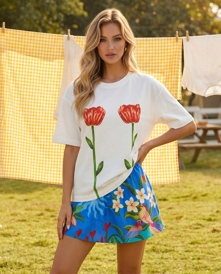 SOLACE  White Red Tulip Print Oversized T-shirt 