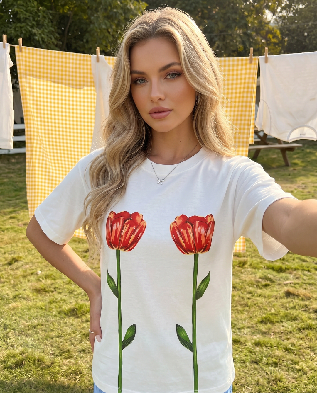 SOLACE  White Red Tulip Print Oversized T-shirt 