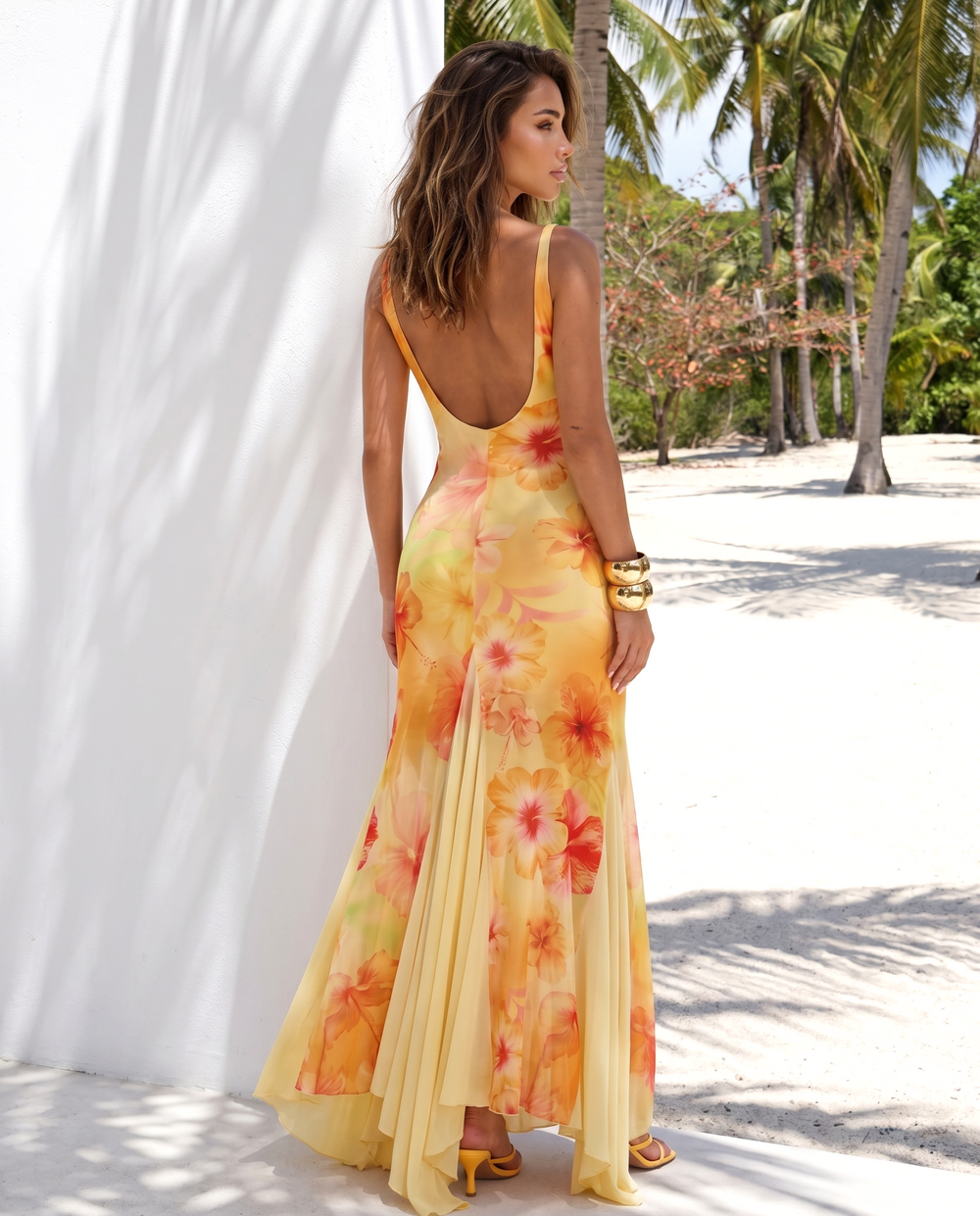 SOLACE  Yellow Hibiscus Print Chiffon Maxi Dress 