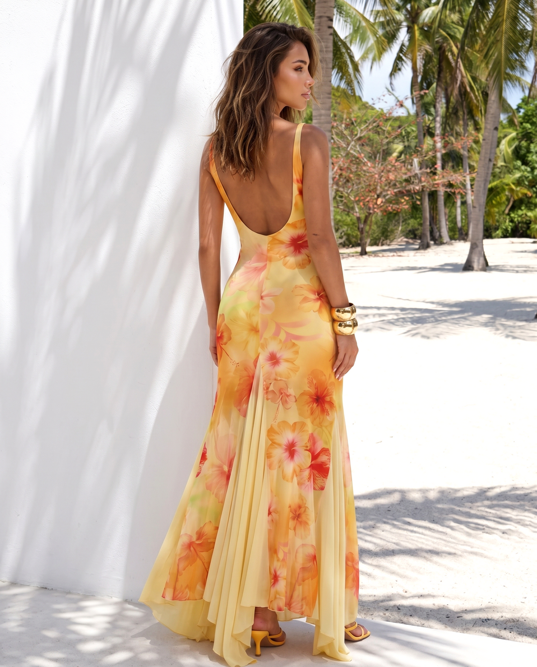 SOLACE  Yellow Hibiscus Print Chiffon Maxi Dress 