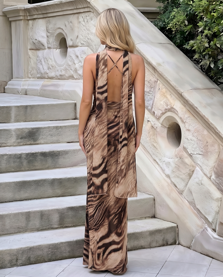 SOLACE  Brown Tiger Print Halter Maxi Dress 