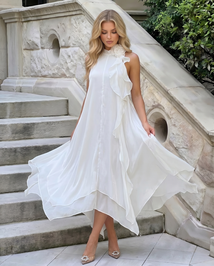 SOLACE  White Halter Neck Ruffle Flower Detail Midi Dress 