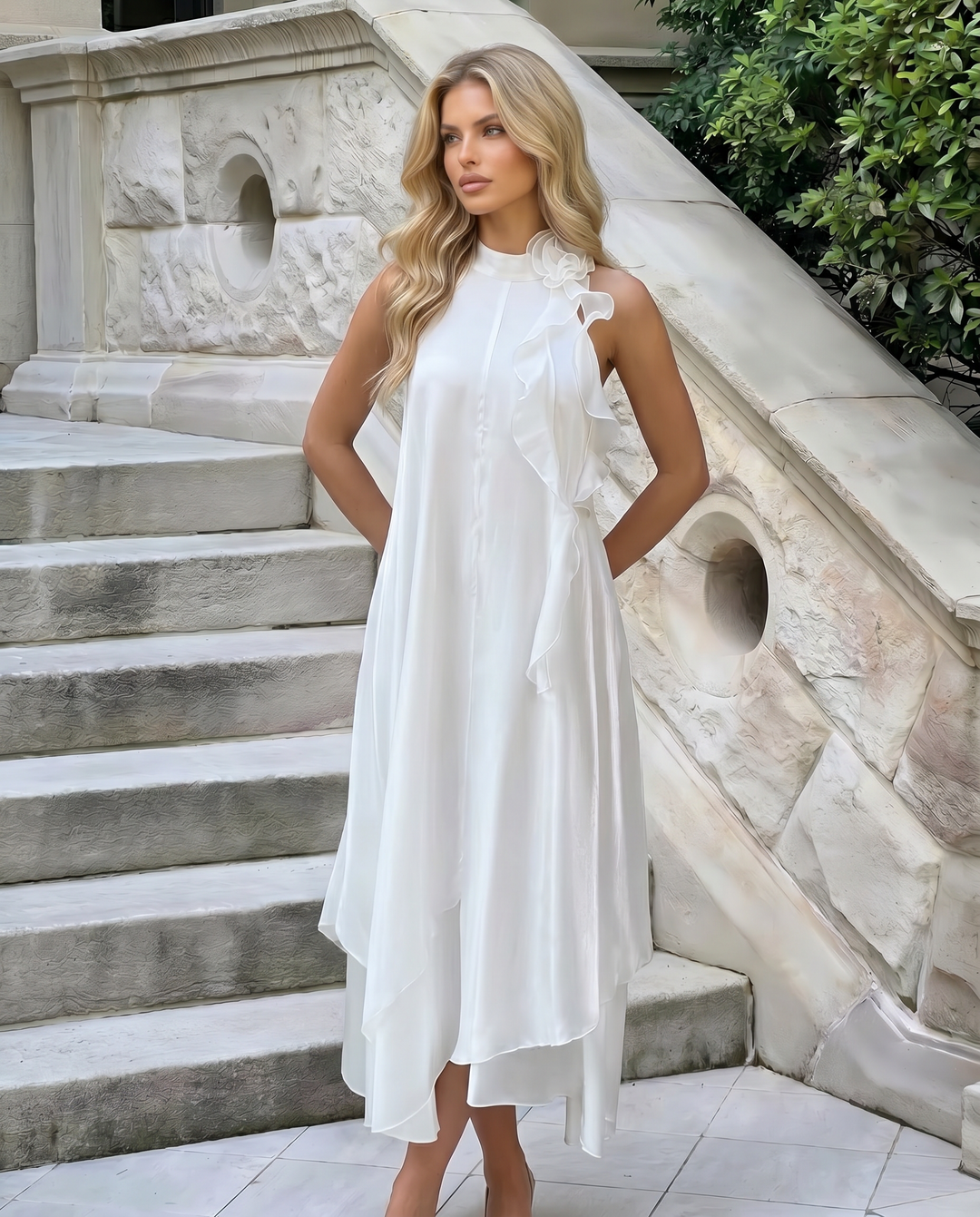 SOLACE  White Halter Neck Ruffle Flower Detail Midi Dress 