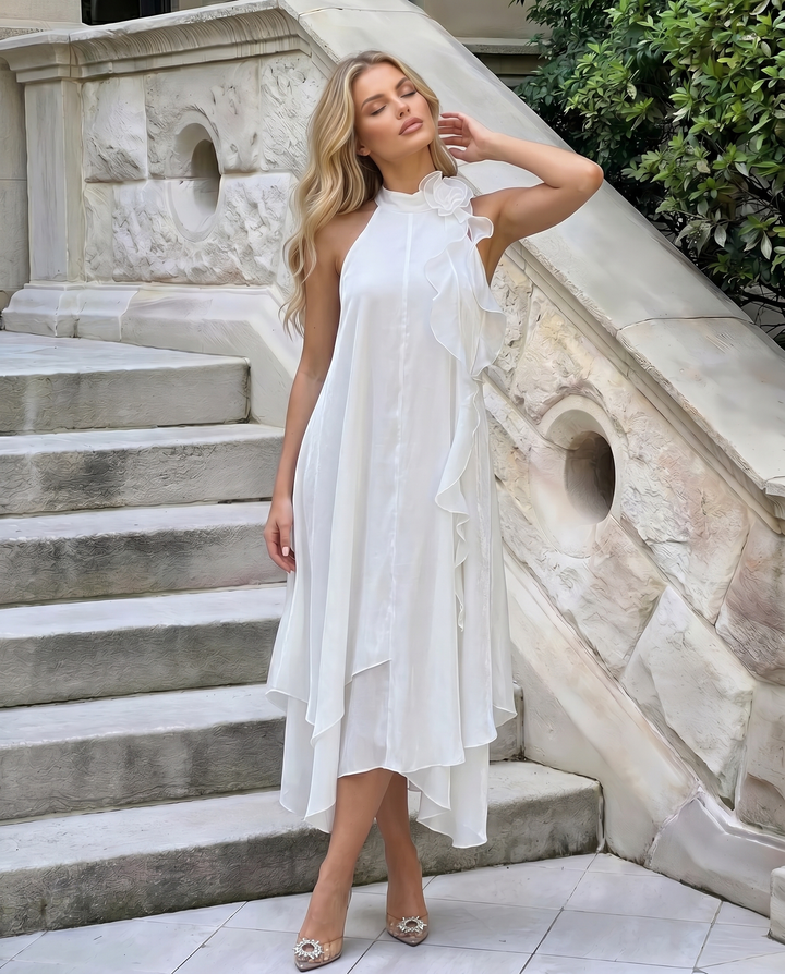 SOLACE  White Halter Neck Ruffle Flower Detail Midi Dress 