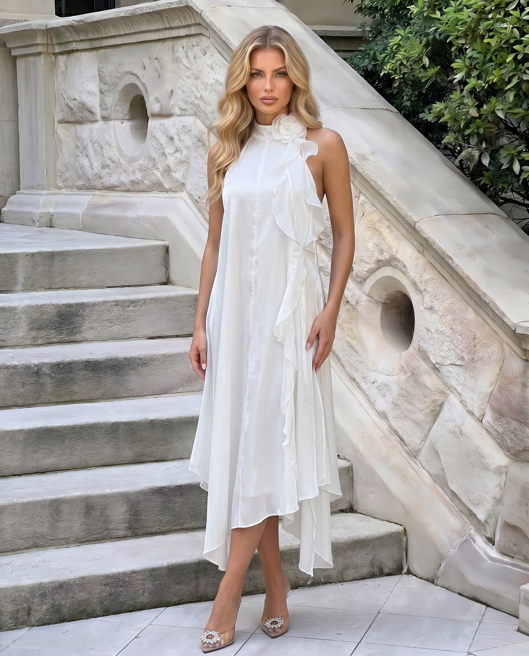 SOLACE  White Halter Neck Ruffle Flower Detail Midi Dress 