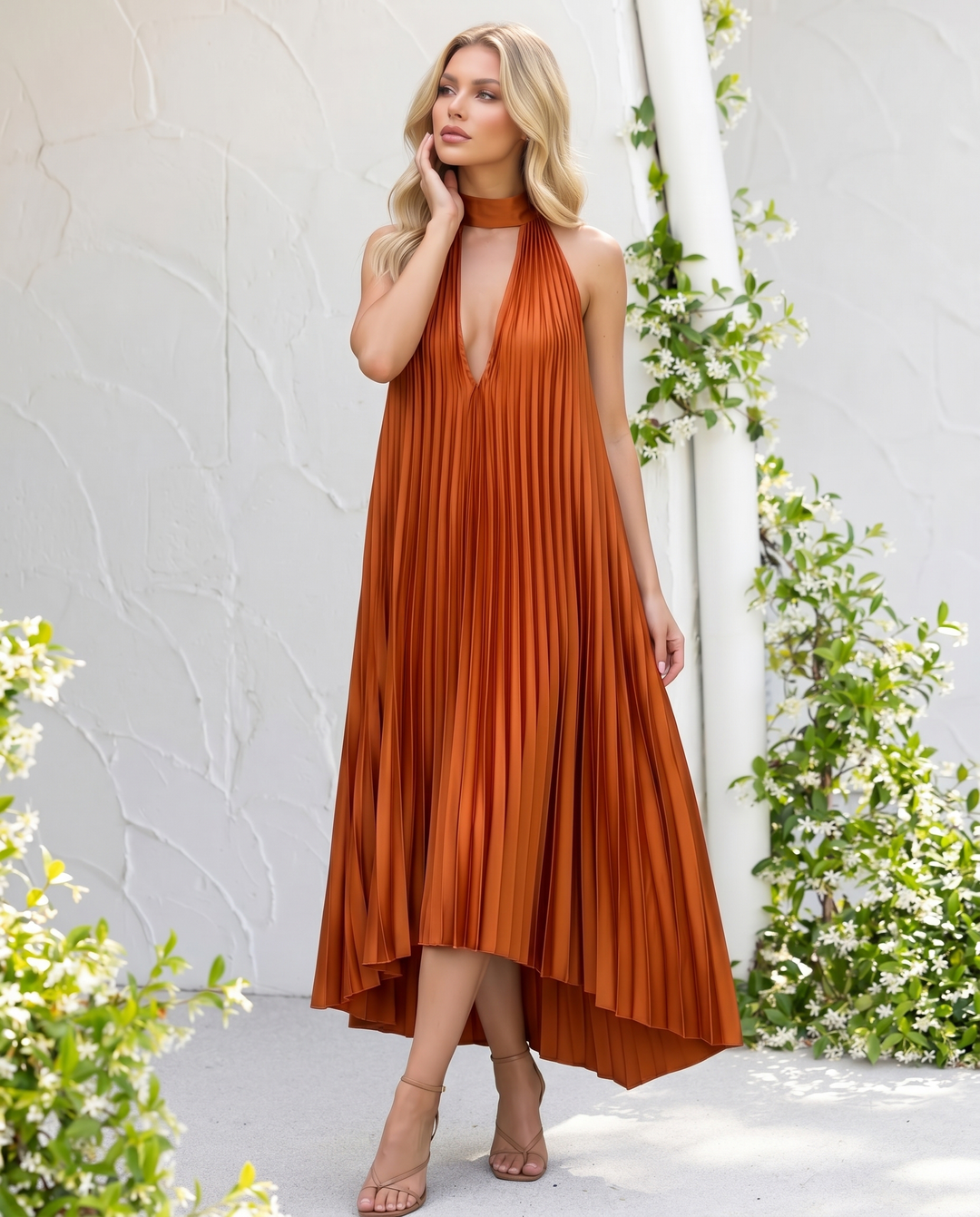 Orange Pleated Halter Neck High Low Midi Dress