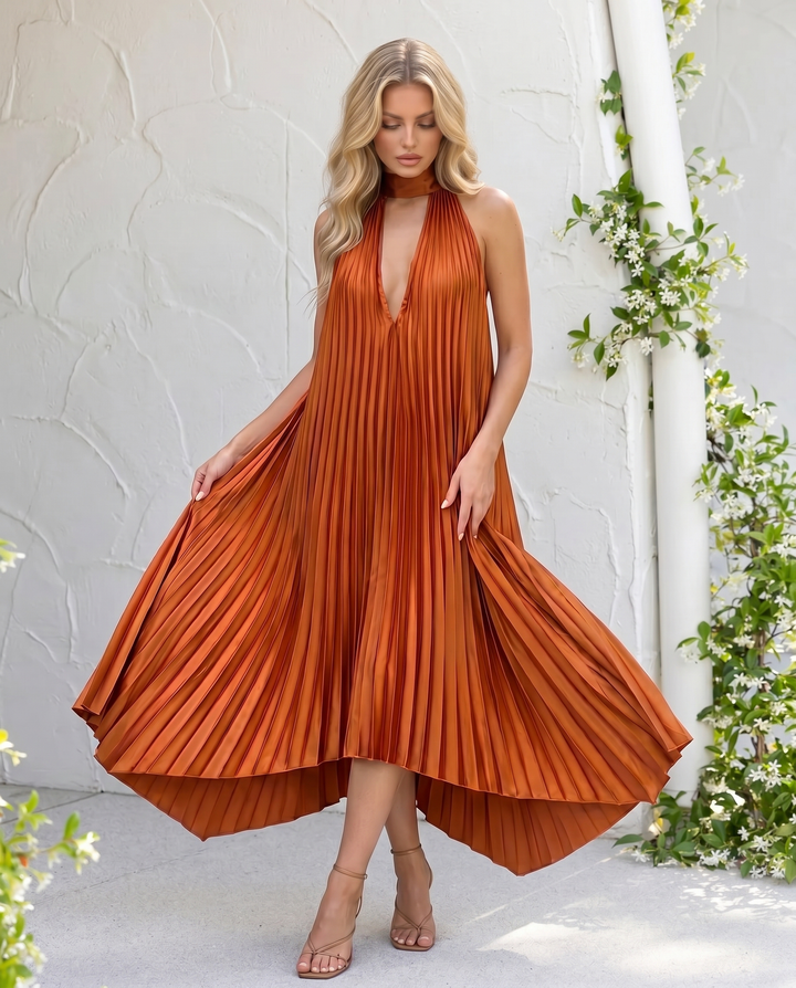 Orange Pleated Halter Neck High Low Midi Dress