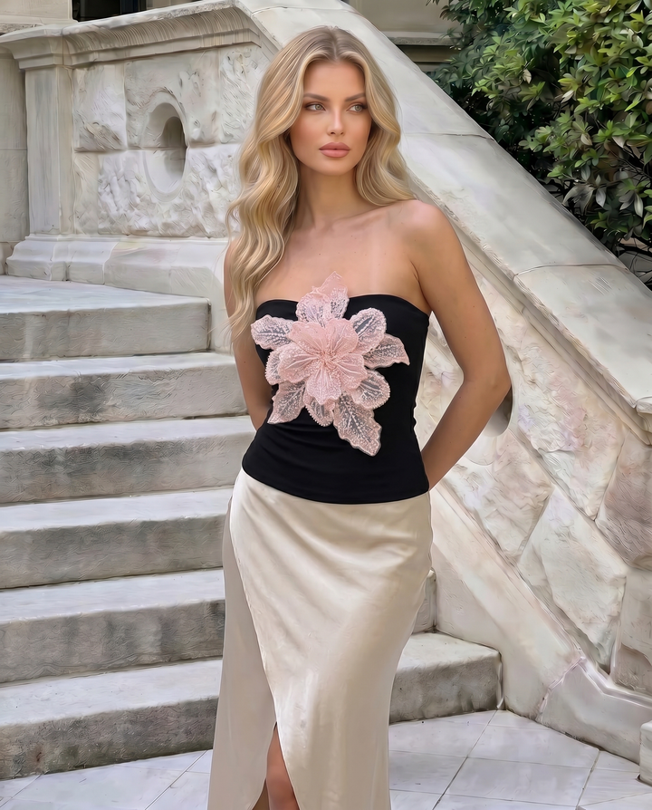 SOLACE  Black Strapless Large Pink Flower Appliqué Top 