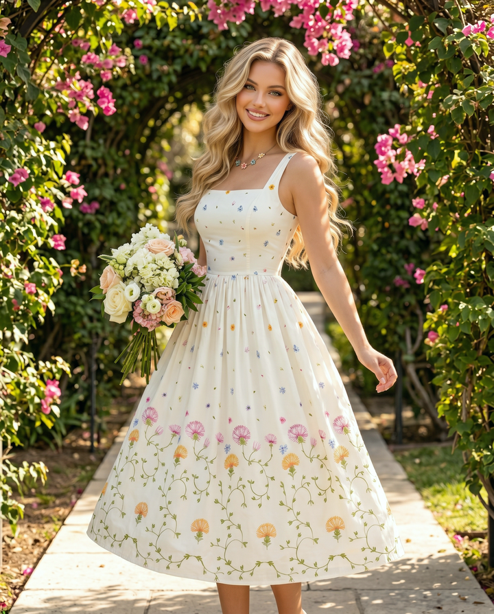 SOLACE  White Floral Print Square Neck A-line Midi Dress 