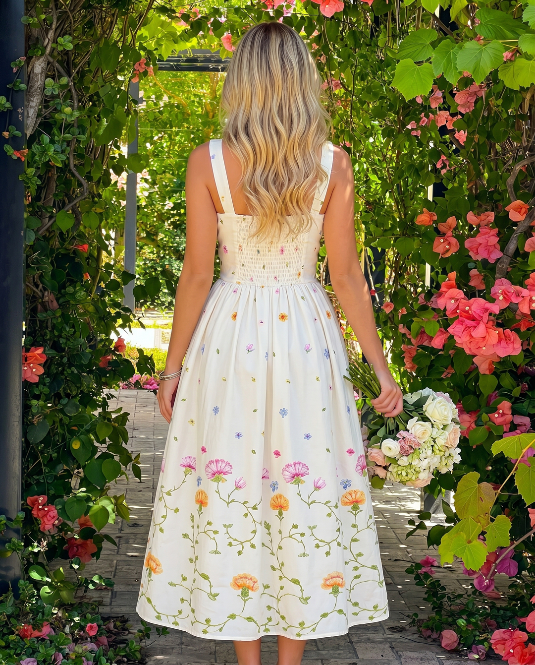 SOLACE  White Floral Print Square Neck A-line Midi Dress 
