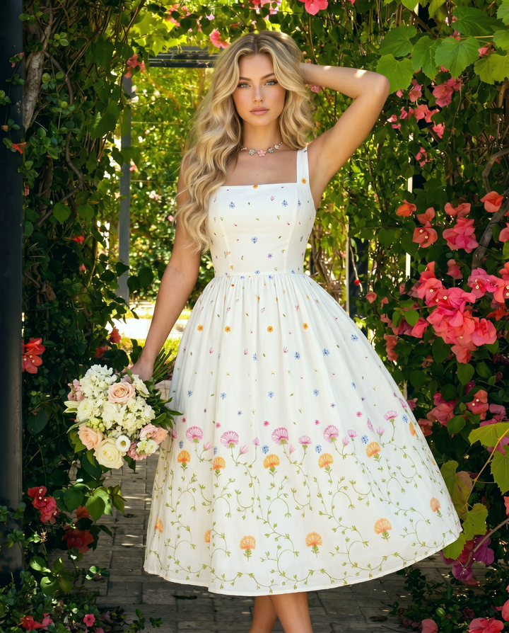 SOLACE  White Floral Print Square Neck A-line Midi Dress 