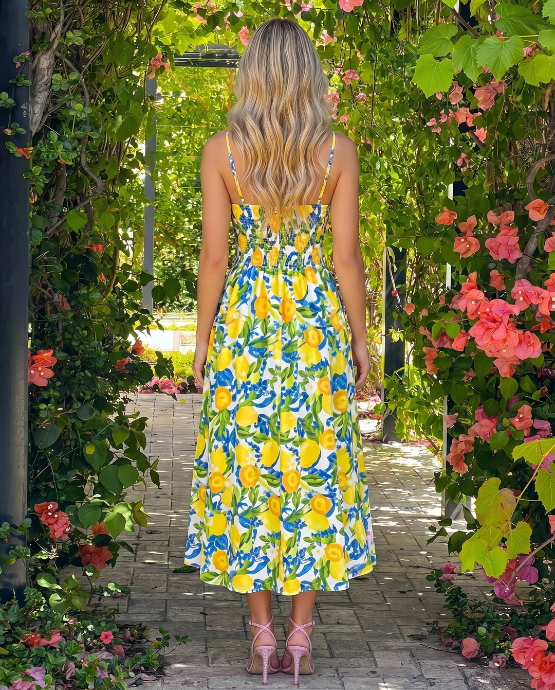White Lemon Print Spaghetti Strap Cutout Midi Dress