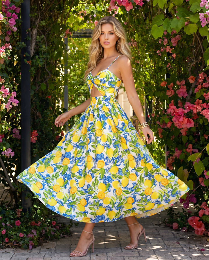 White Lemon Print Spaghetti Strap Cutout Midi Dress