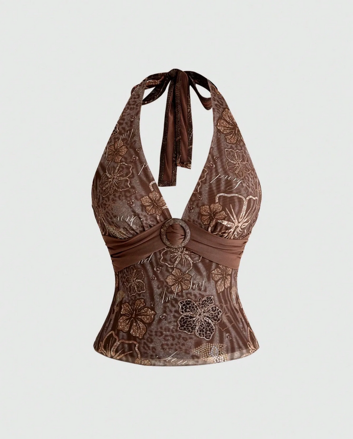 Brown Floral Leopard Print Halter Neck Top