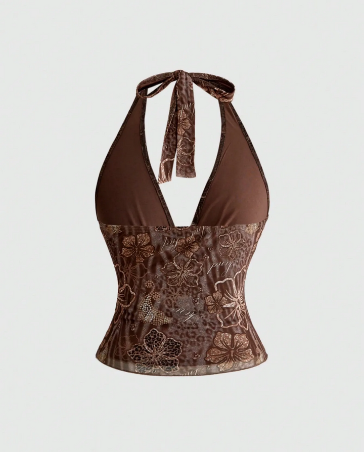 Brown Floral Leopard Print Halter Neck Top