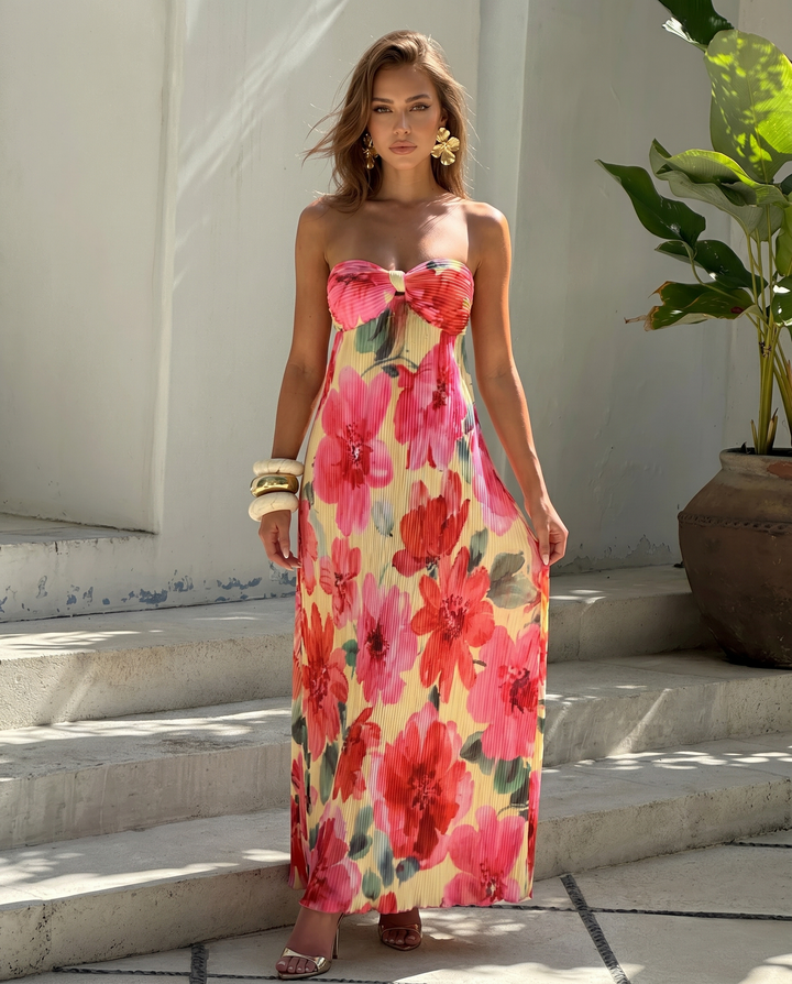 Yellow Pink Floral Print Strapless Crinkled Chiffon Maxi Dress