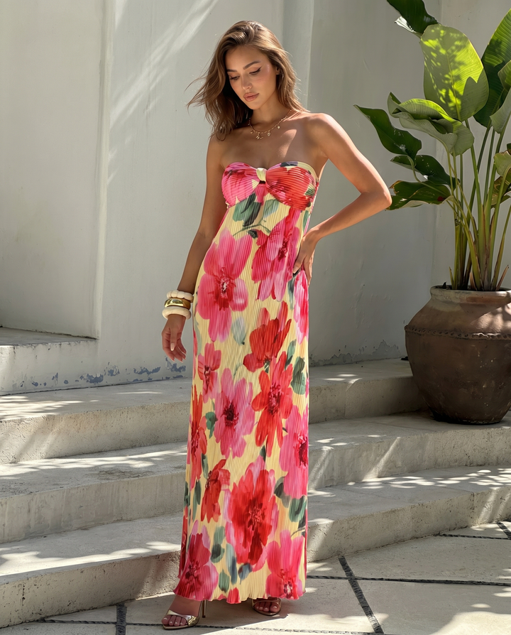 Yellow Pink Floral Print Strapless Crinkled Chiffon Maxi Dress