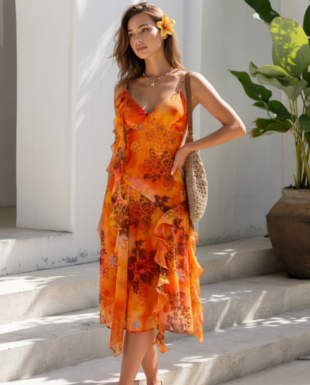 Orange Floral Spaghetti Strap Ruffled Midi Dress