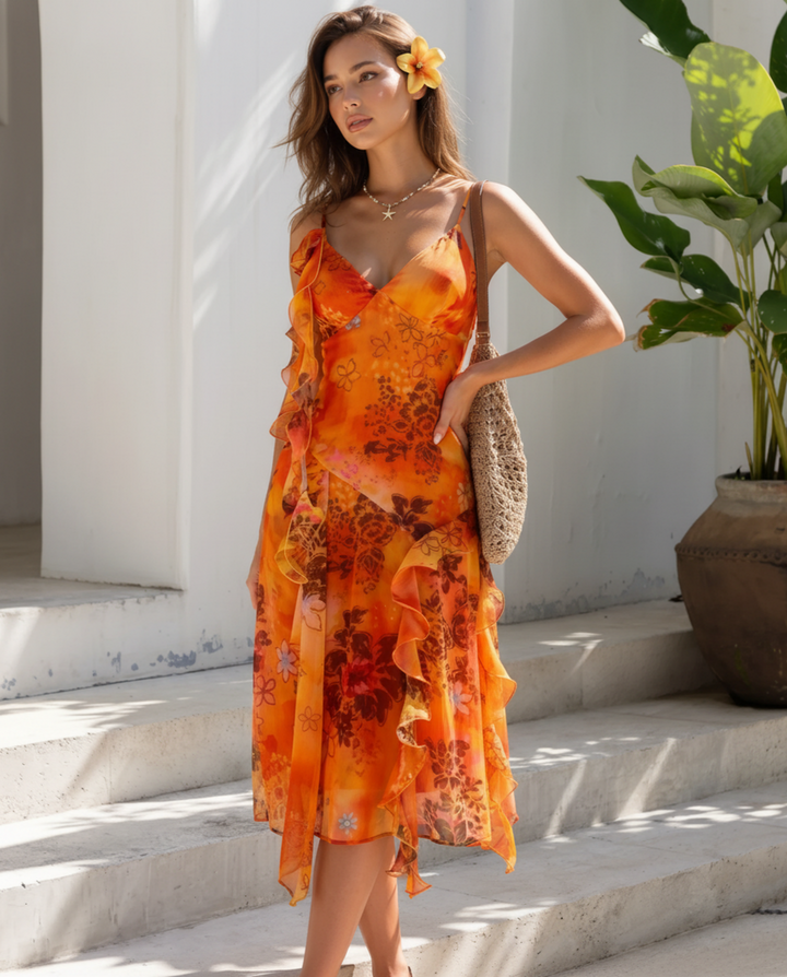 Orange Floral Spaghetti Strap Ruffled Midi Dress