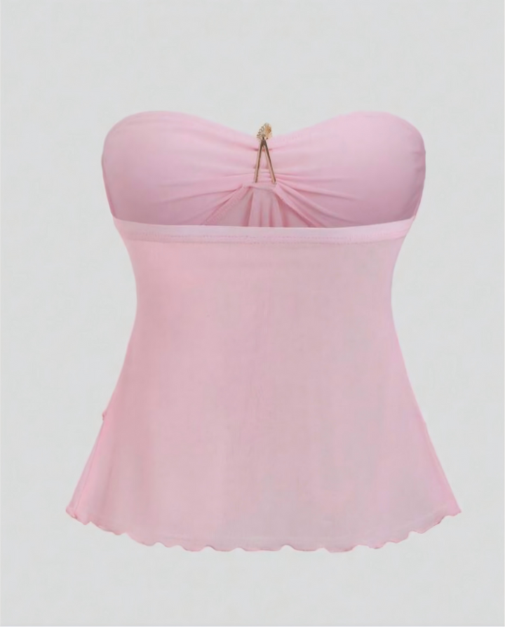 Pink Gold Starfish Decor Strapless Tiered Ruffle Chiffon Peplum Crop Top