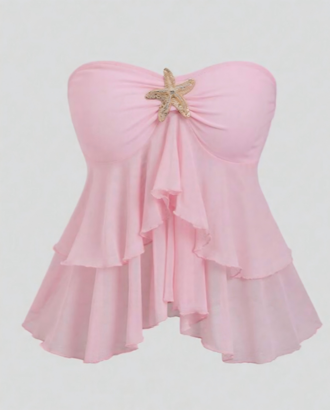 Pink Gold Starfish Decor Strapless Tiered Ruffle Chiffon Peplum Crop Top