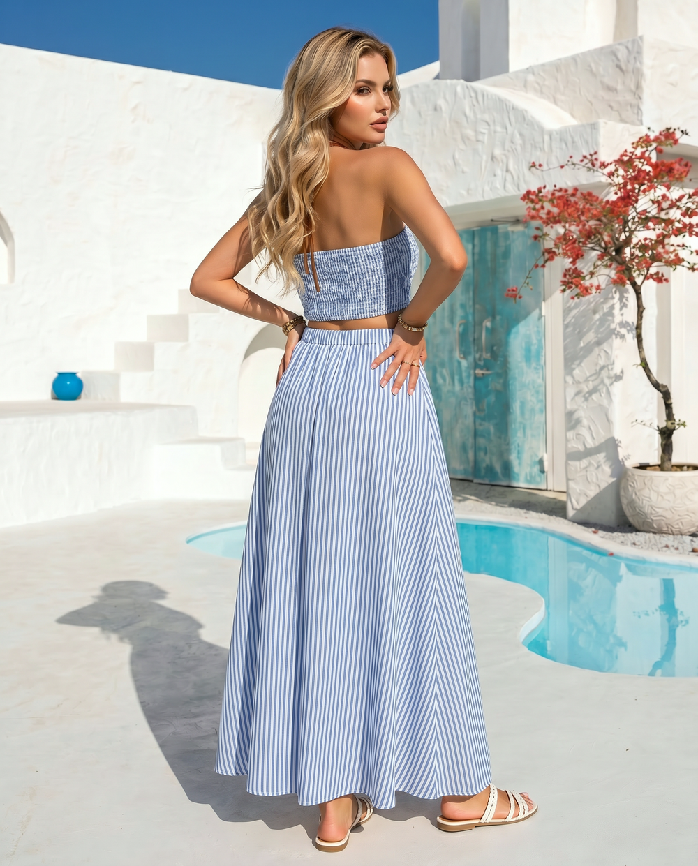 SOLACE  Blue Stripe Contrast Trim Halter Crop Top Maxi Skirt Set 