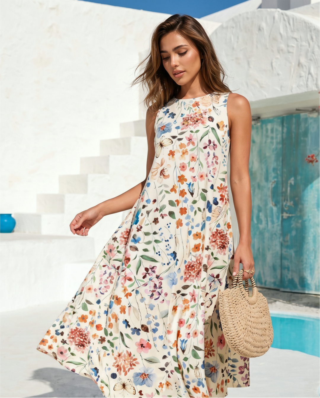 SOLACE  White Floral Butterfly Sleeveless Swing Midi Dress 