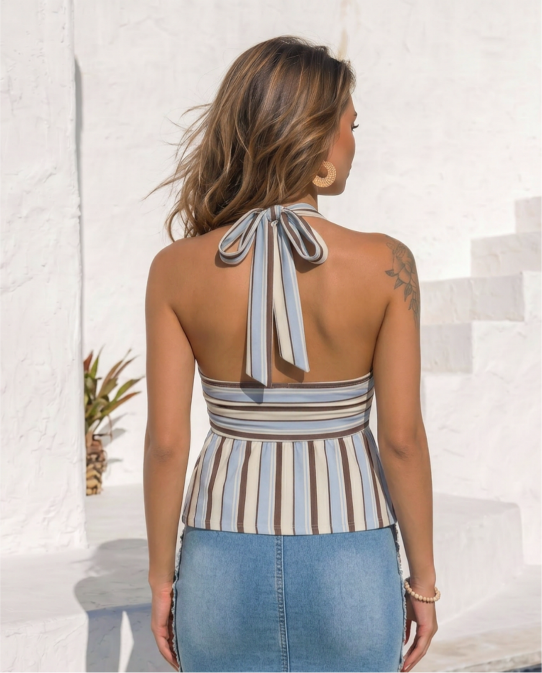 Multicolor Stripe Deep V Halter Ruched Peplum Top