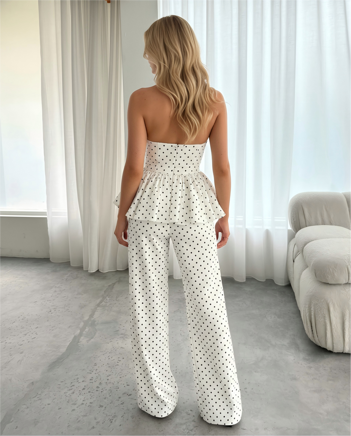 White Polka Dot Halter Deep V Peplum Top Wide Leg Pants Set