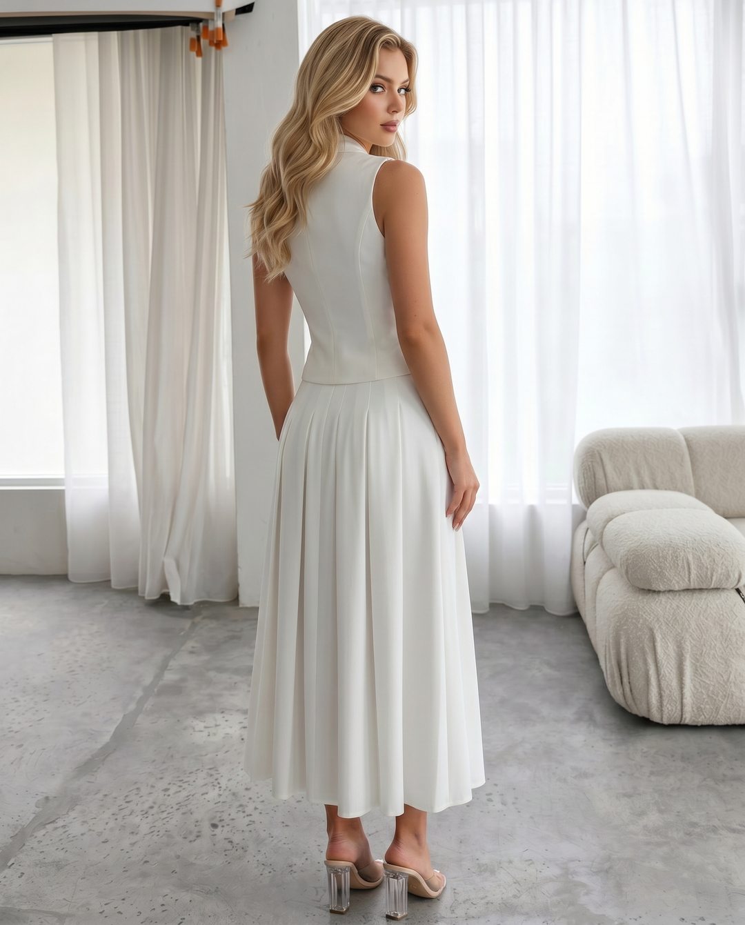 White Blazer Vest Pleated Midi Skirt Two Piece Set
