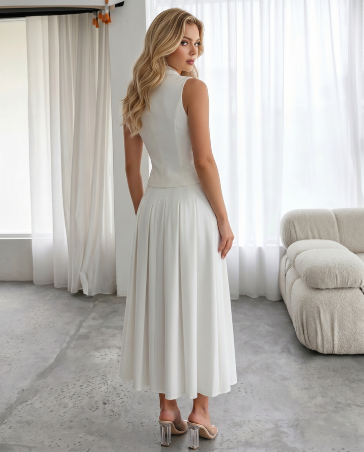 White Blazer Vest Pleated Midi Skirt Two Piece Set