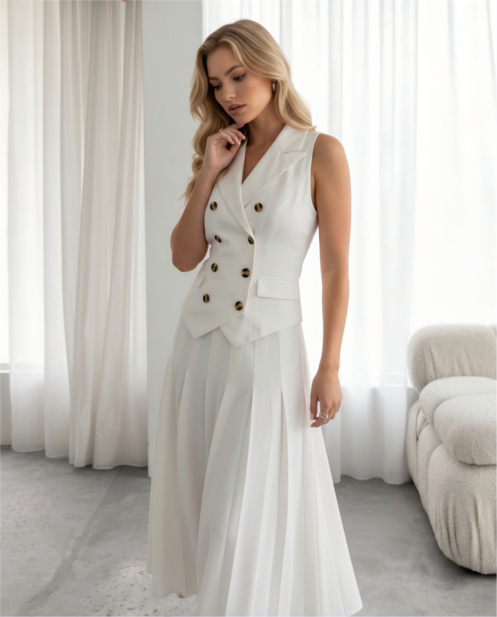 White Blazer Vest Pleated Midi Skirt Two Piece Set