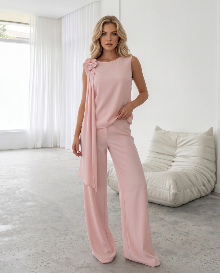 Pink 3D Flower Draped Sleeveless Top Wide Leg Pants Set