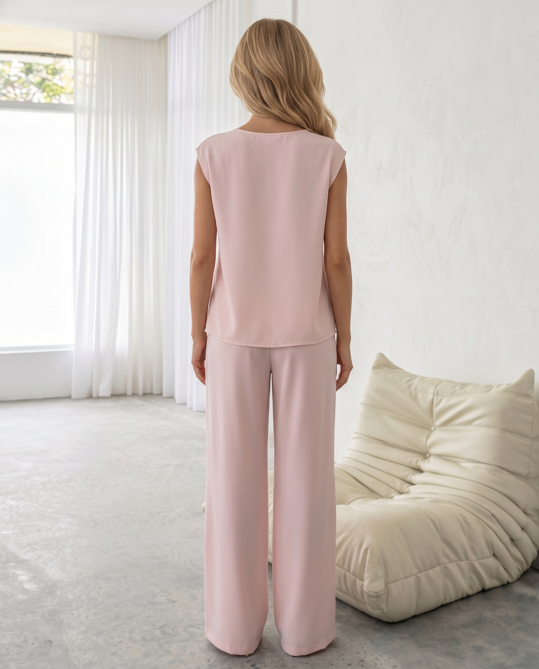 Pink 3D Flower Draped Sleeveless Top Wide Leg Pants Set