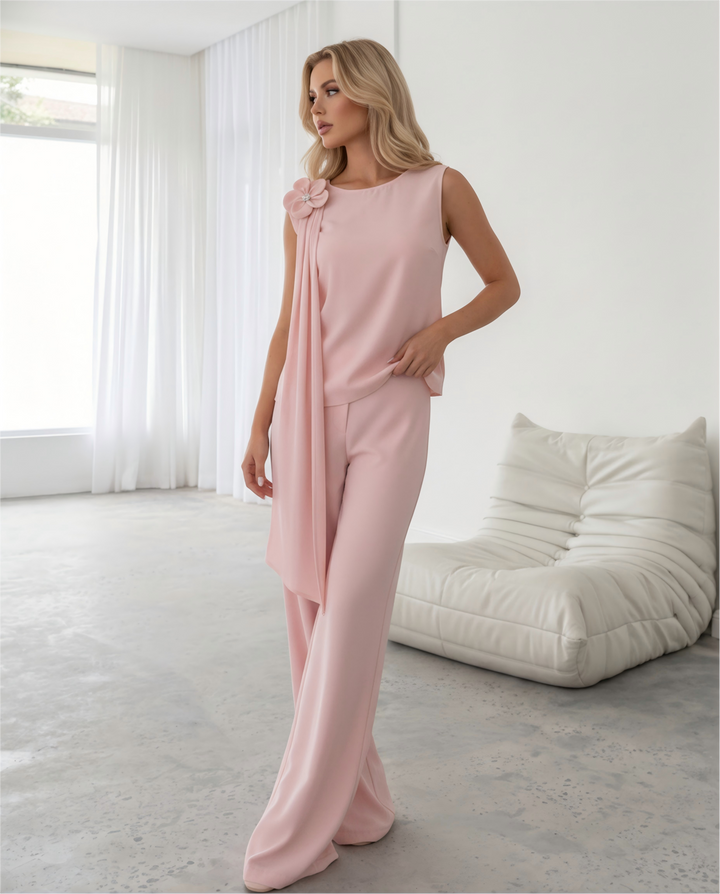 Pink 3D Flower Draped Sleeveless Top Wide Leg Pants Set