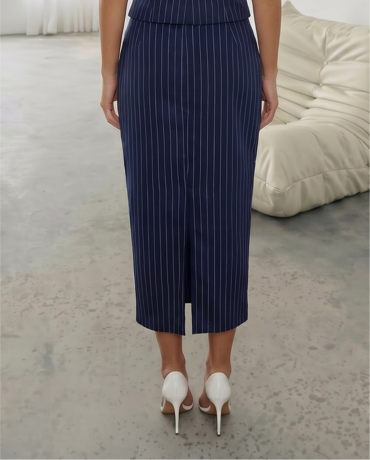 Navy White Pinstripe High Waist Pencil Midi Skirt