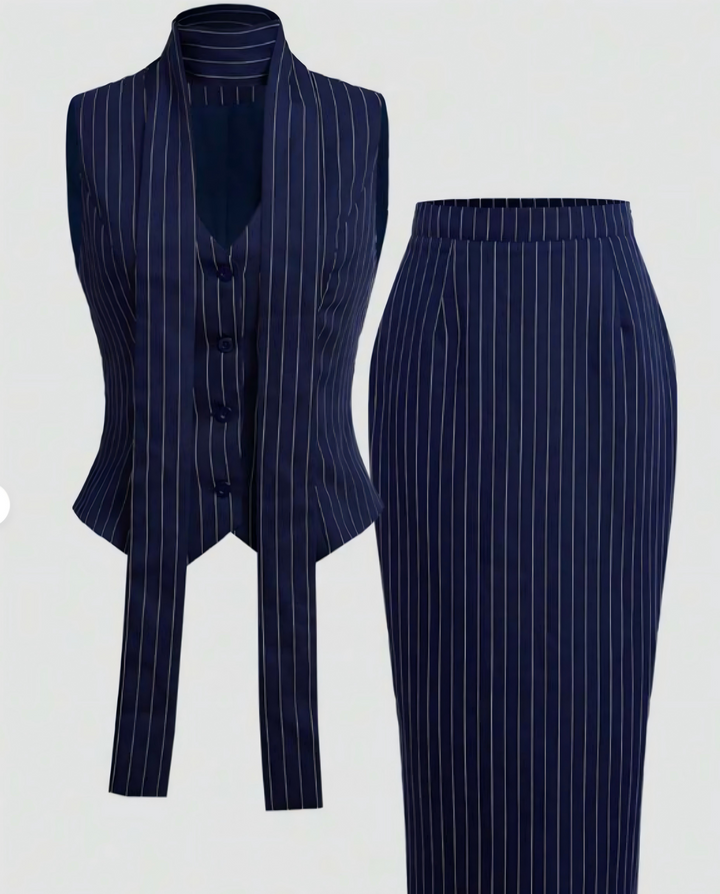 Navy White Pinstripe High Waist Pencil Midi Skirt